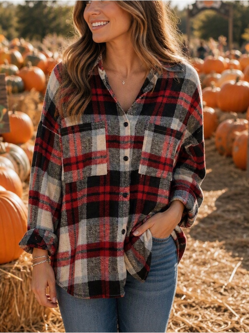 🍁DAVI & DANI Cozy Oversized Button Up Fall Flannel - Small